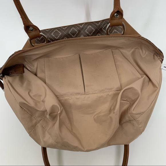 Nine West Brown Camel Tan All Over Geometric Pattern Contrast Satchel Purse - Picture 14 of 16
